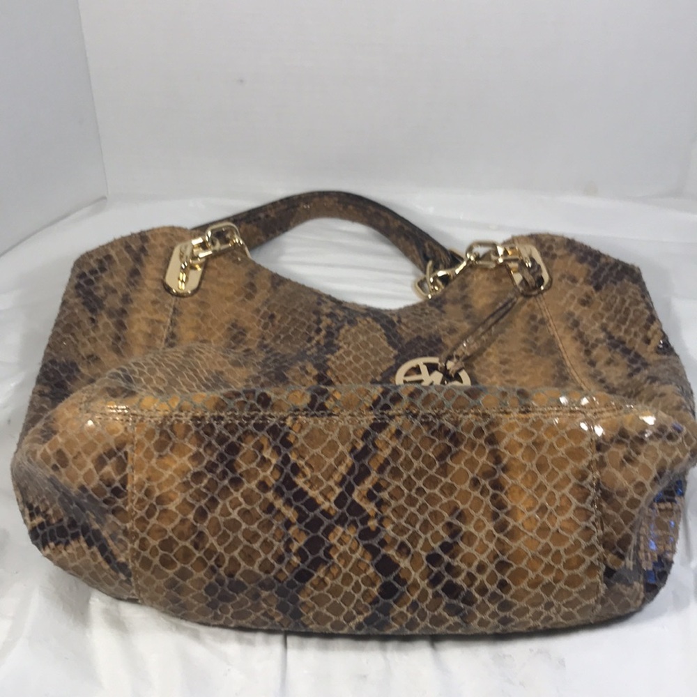 Michael Kors Brown Snake Print Leather With Heavy Gold Chain Link Tote Bag Purse - Picture 7 of 7